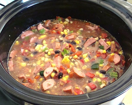 black bean-sausage soup in cooker