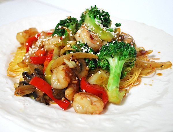 shrimp stir fry on noodles
