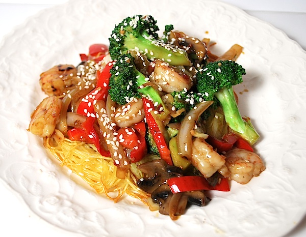 stir fry on noodle pillows