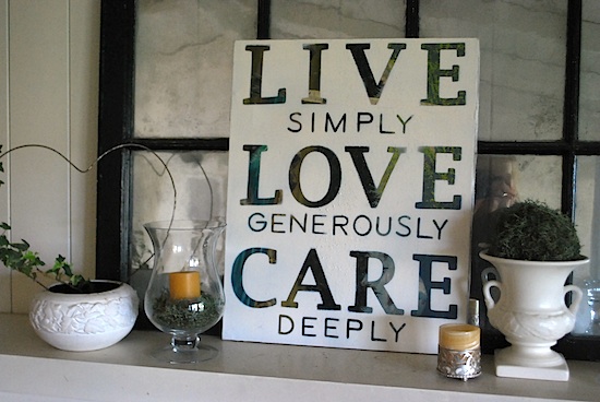 thrifted word art on mantel